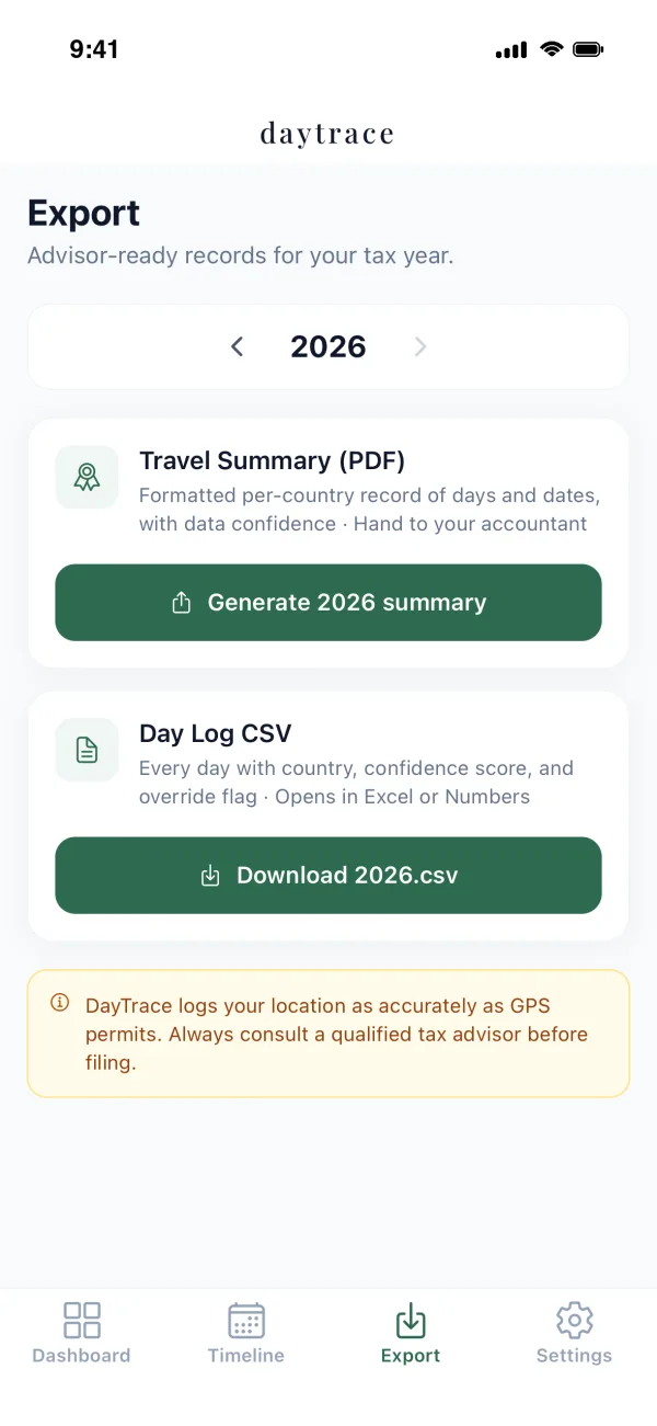 DayTrace export screen with PDF travel summary and CSV day log