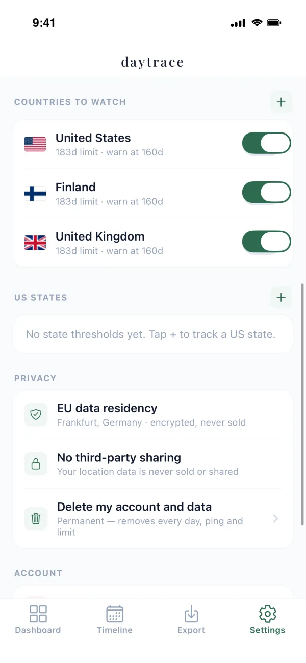 DayTrace settings showing the countries being watched, each with its own day limit